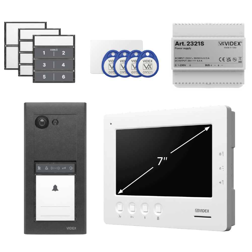 VIDEX ERA23VB Series Entry Panel Video Kit With 7 Inch Video Monitor (6788) PSU (2321S) & Proximity Card/Fobs (955MF) ERAKIT23B6788