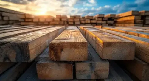 Timber planks stacked on a palette in a timber yard. Performs well in environments in rain, soil, sunlight.