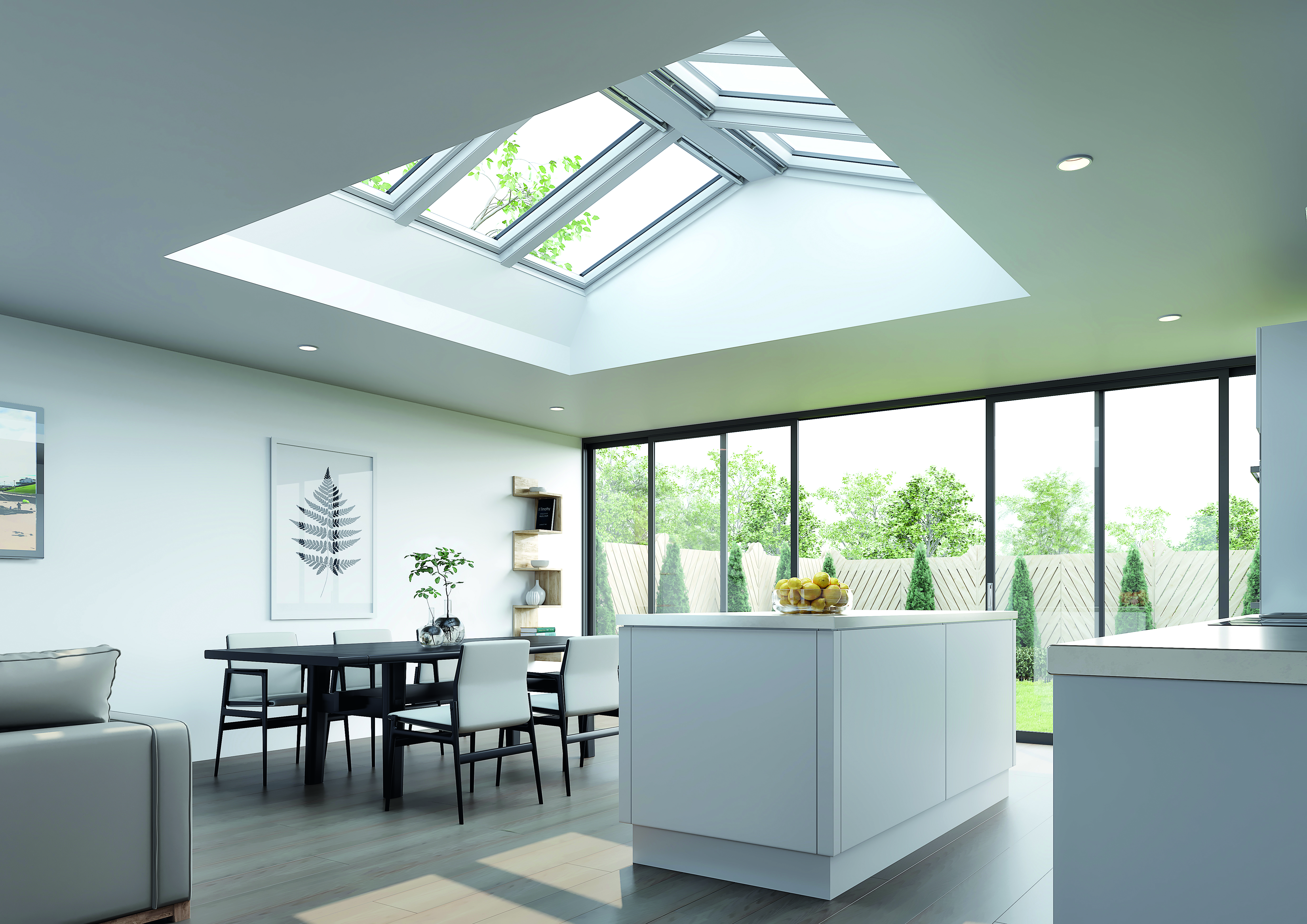 Roof windows installed within a kitchen to create a skylight for the space, letting in more natural light. 