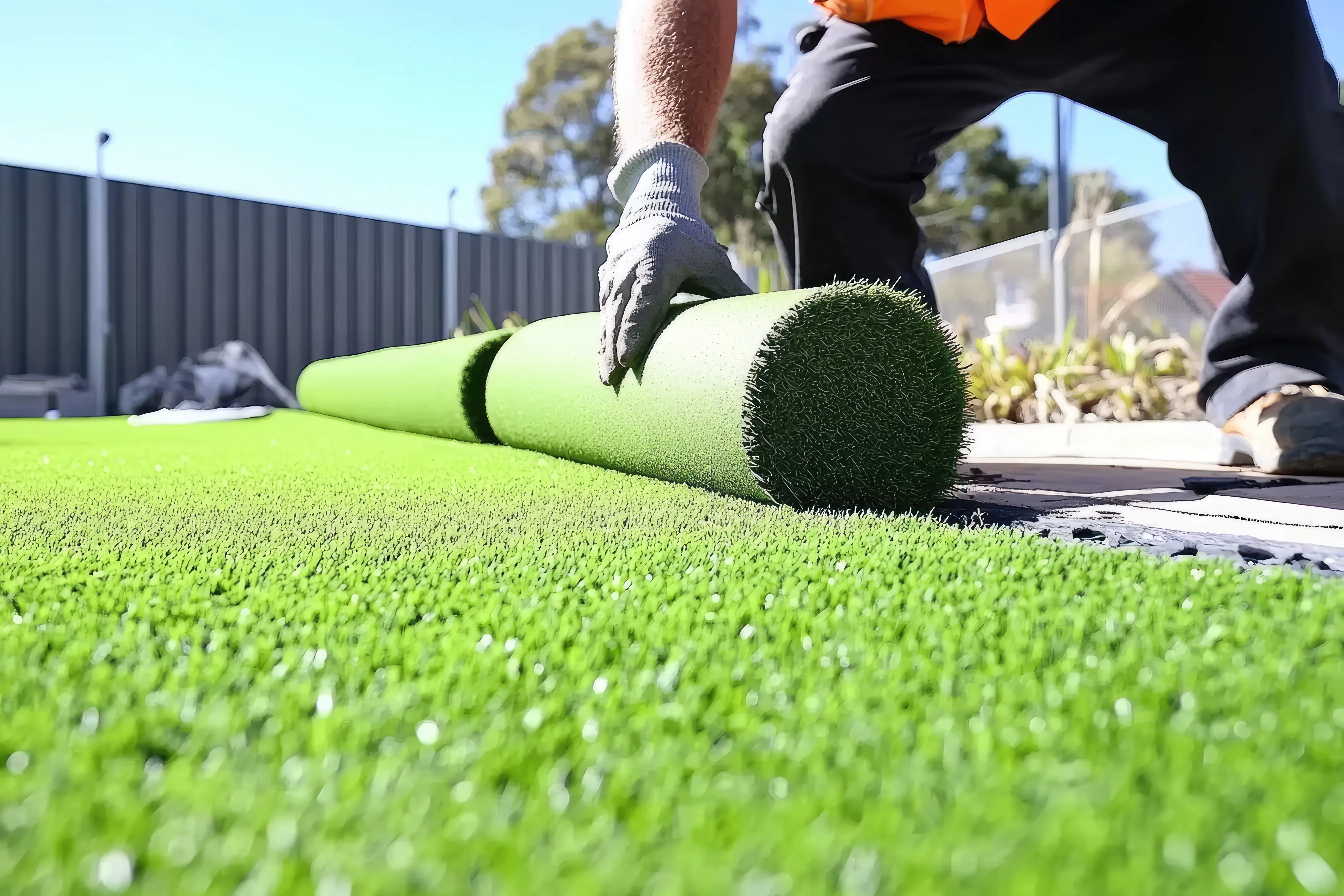 An image showing a man installing the artificial grass. He is applying the roll of grass to the floor.