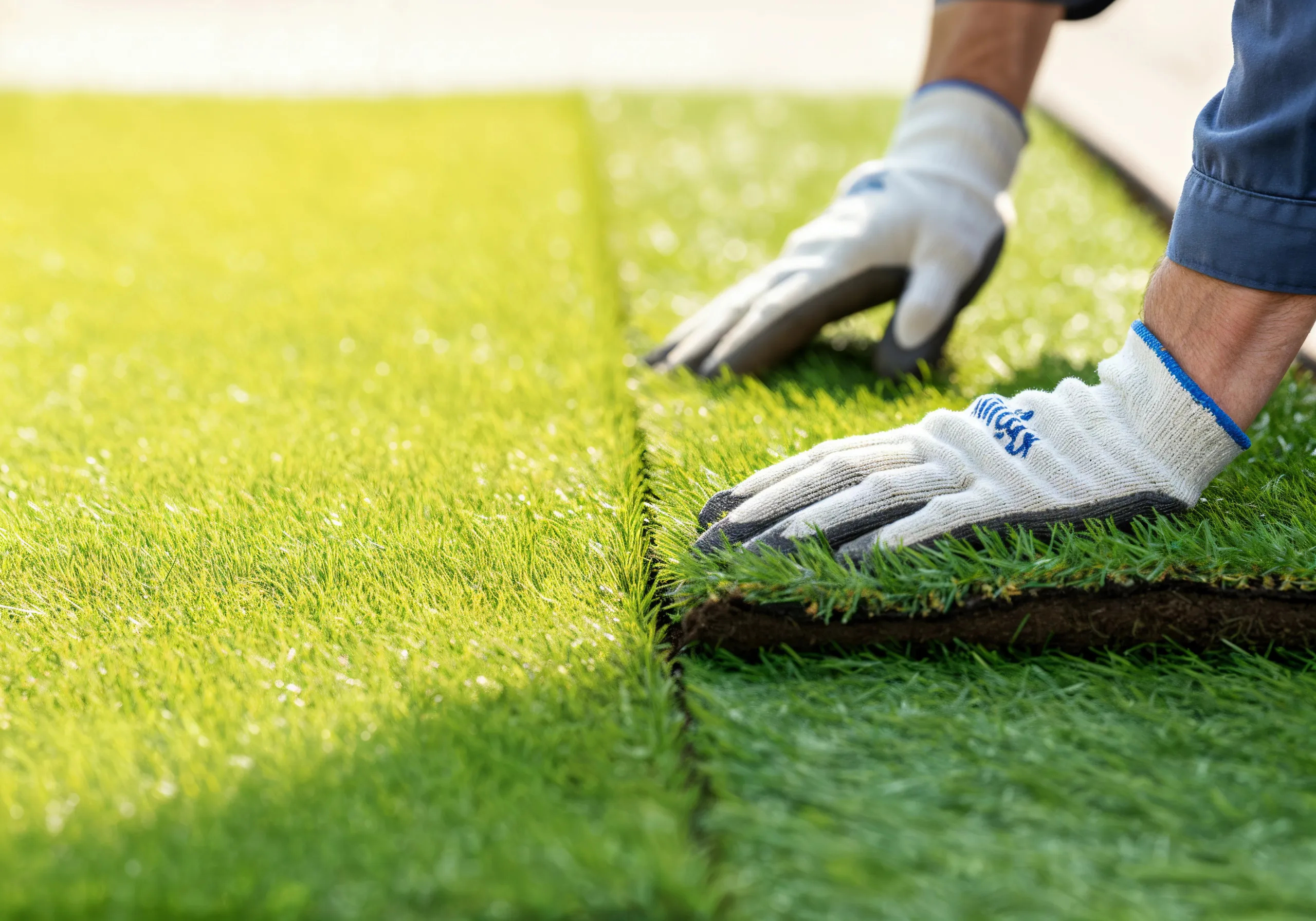 An image of a man using gloved hands to apply the turf to the floor.