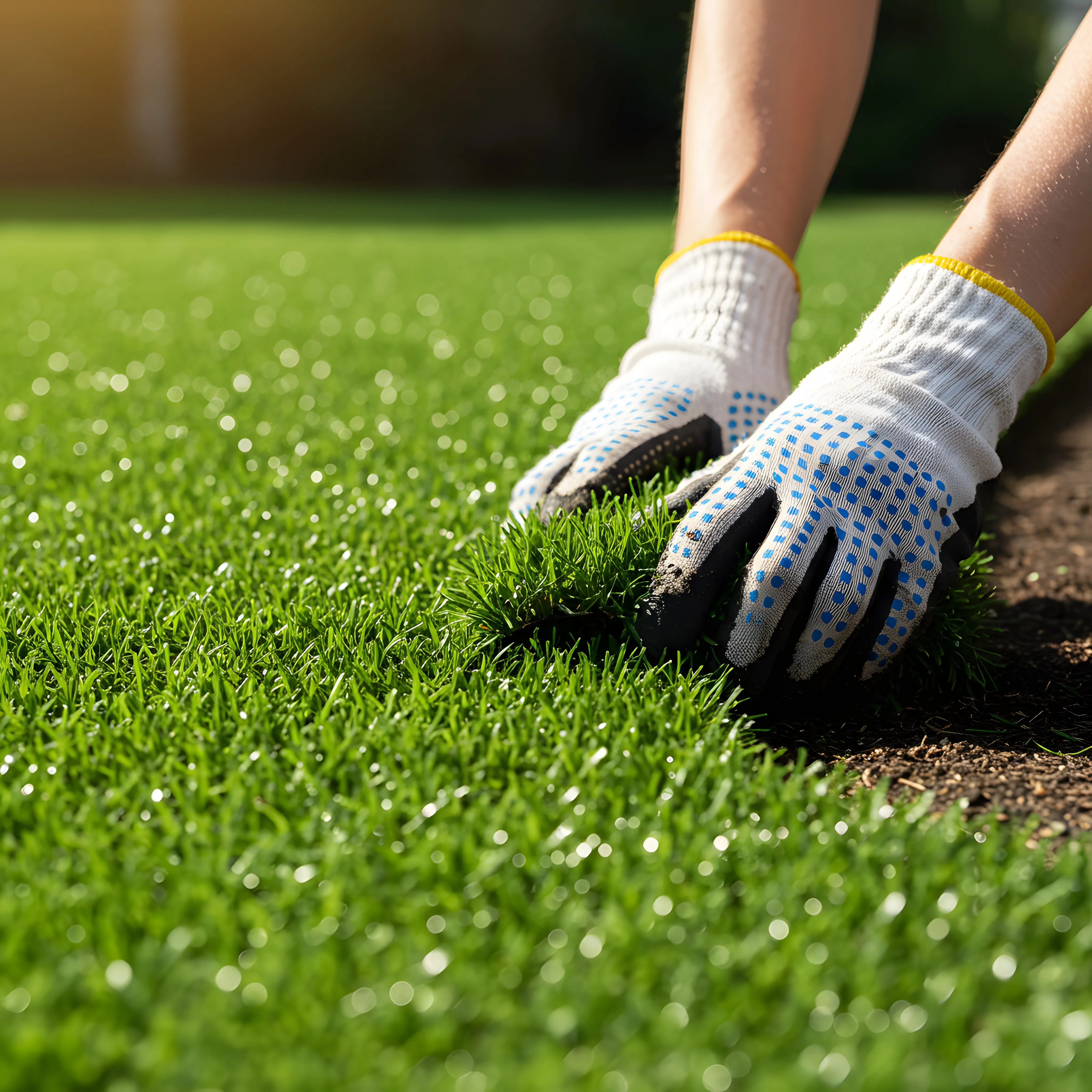 An image showing a man using gloved hands to apply the artificial grass to the floor.