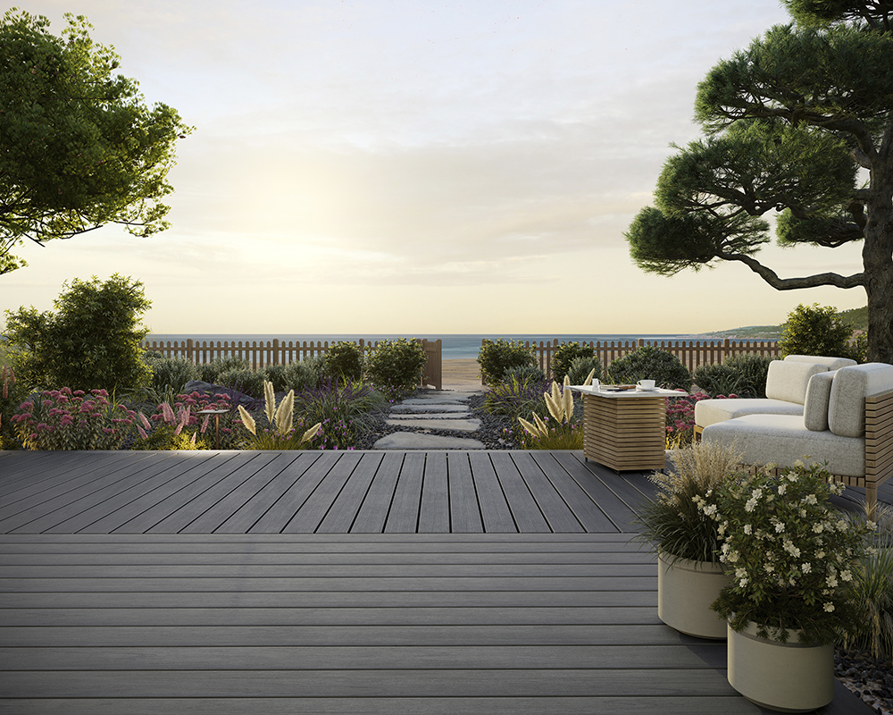 Finished composite decking by the beach