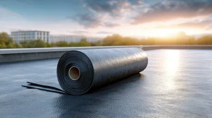 Roll of rubber roofing on a roof. Rubber roofing is durable and flexible.