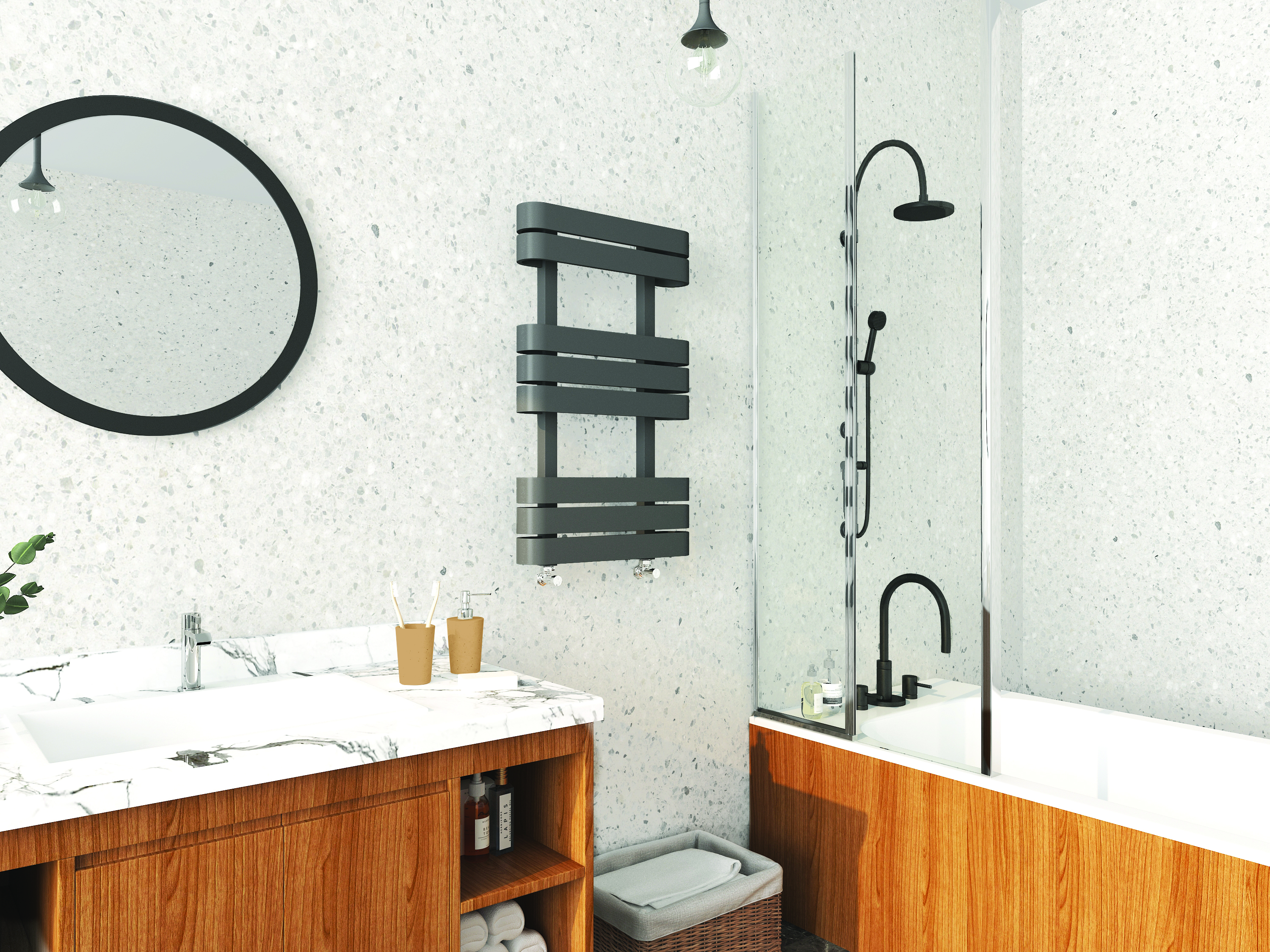 An image of a small decorative towel rail in a modest sized bathroom. An image of a small decorative towel rail in a modest sized bathroom.