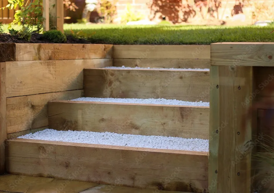 Sleeper steps close-up image, with pebbles being used to furnish the steps, and made out of timber sleepers.
