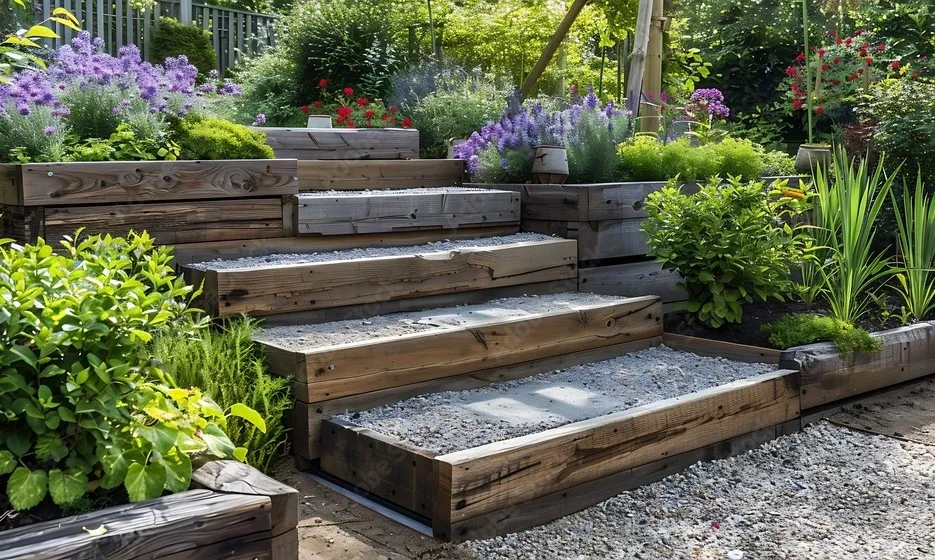 Image of sleeper steps in a beautiful garden, made with timber sleepers and decorative gravel.