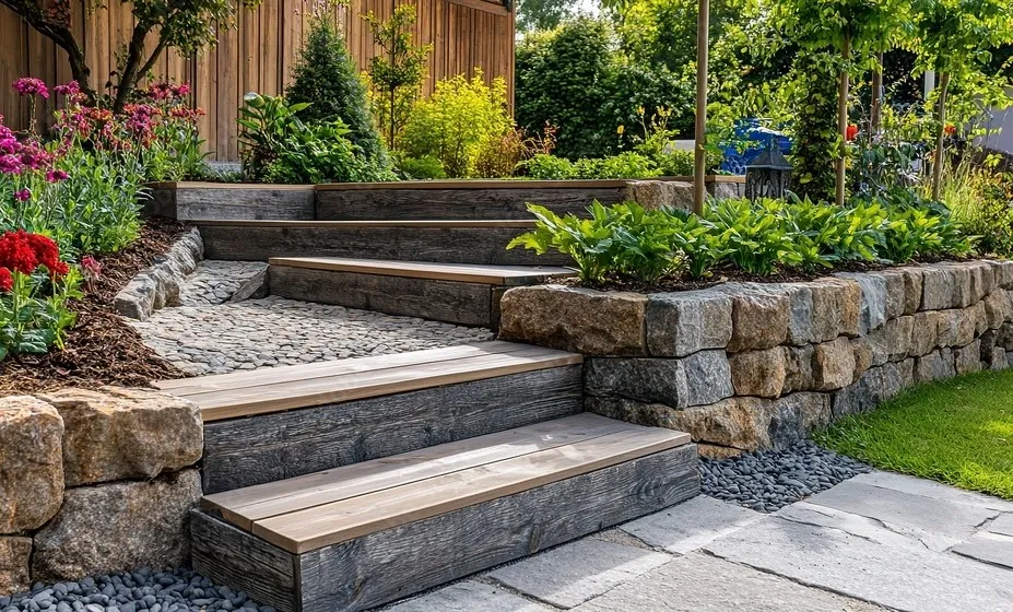 An image of some more modern sleeper steps, aligned near a rock wall and created with paving slabs and decorative aggregates.