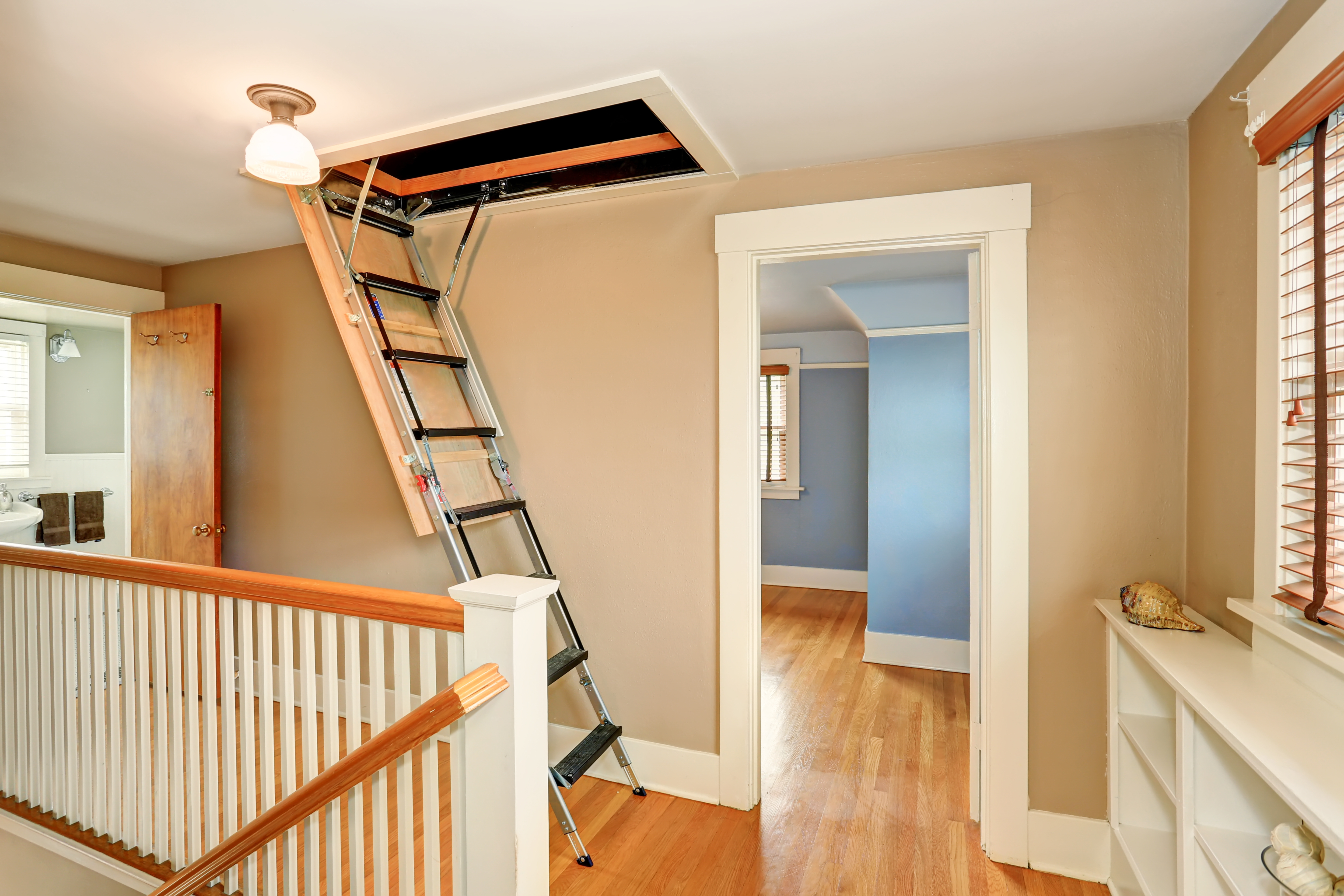 an image of a chrome ladder being used to reach the loft