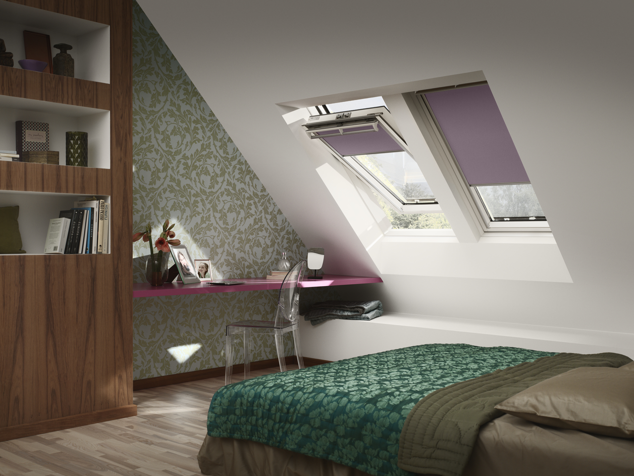Two VELUX windows with VELUX blinds, perfect for trapping out the bright summer sun. 