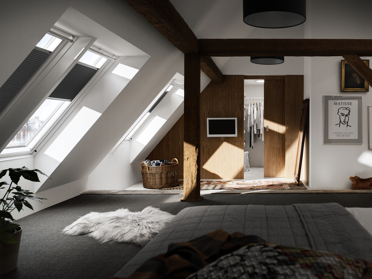 Two windows decorated with VELUX blinds overlooking a bedroom.
