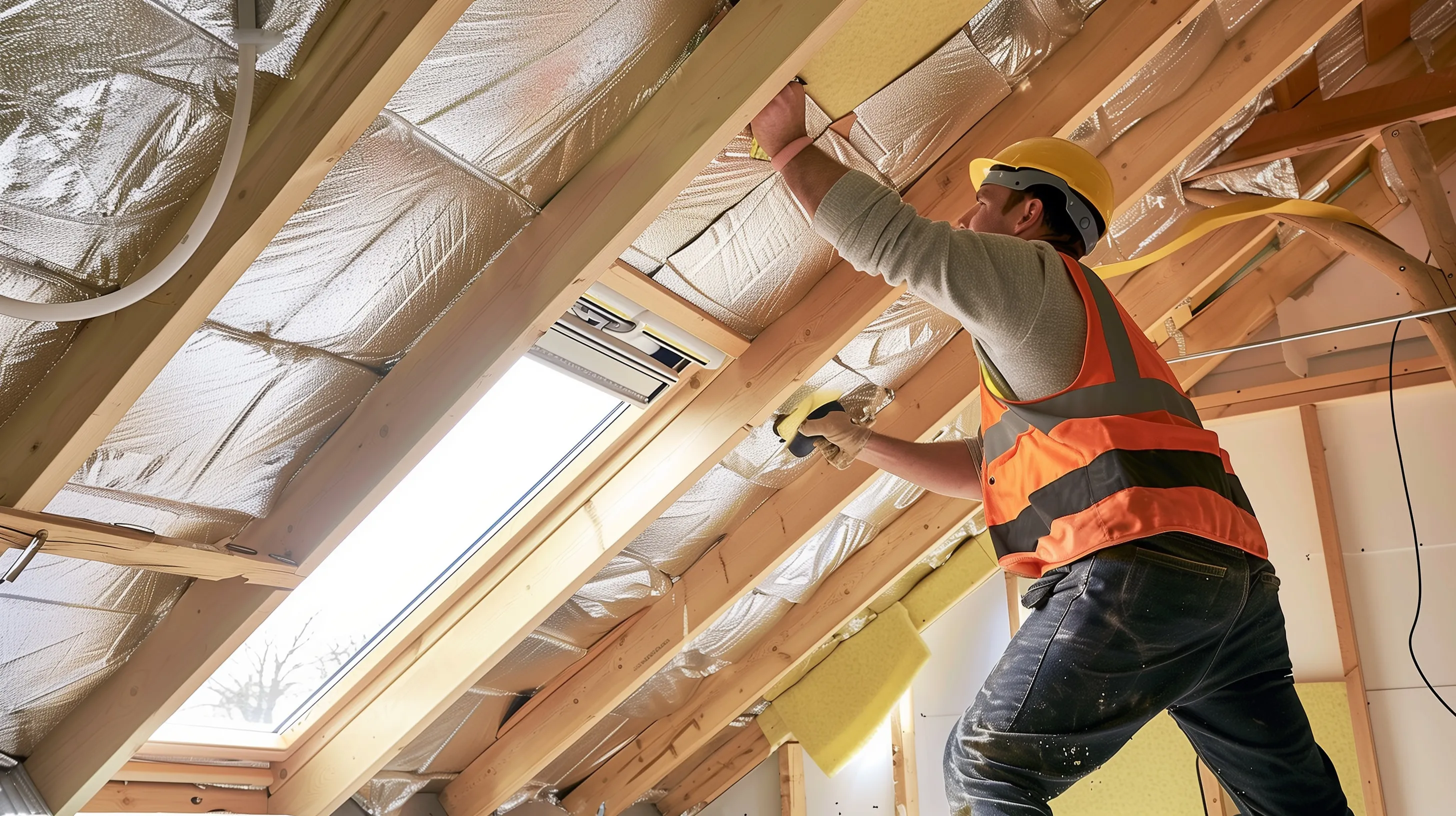 An image of a man installing insulation into the roof of a house wearing a hi-vis and a hard helmet.