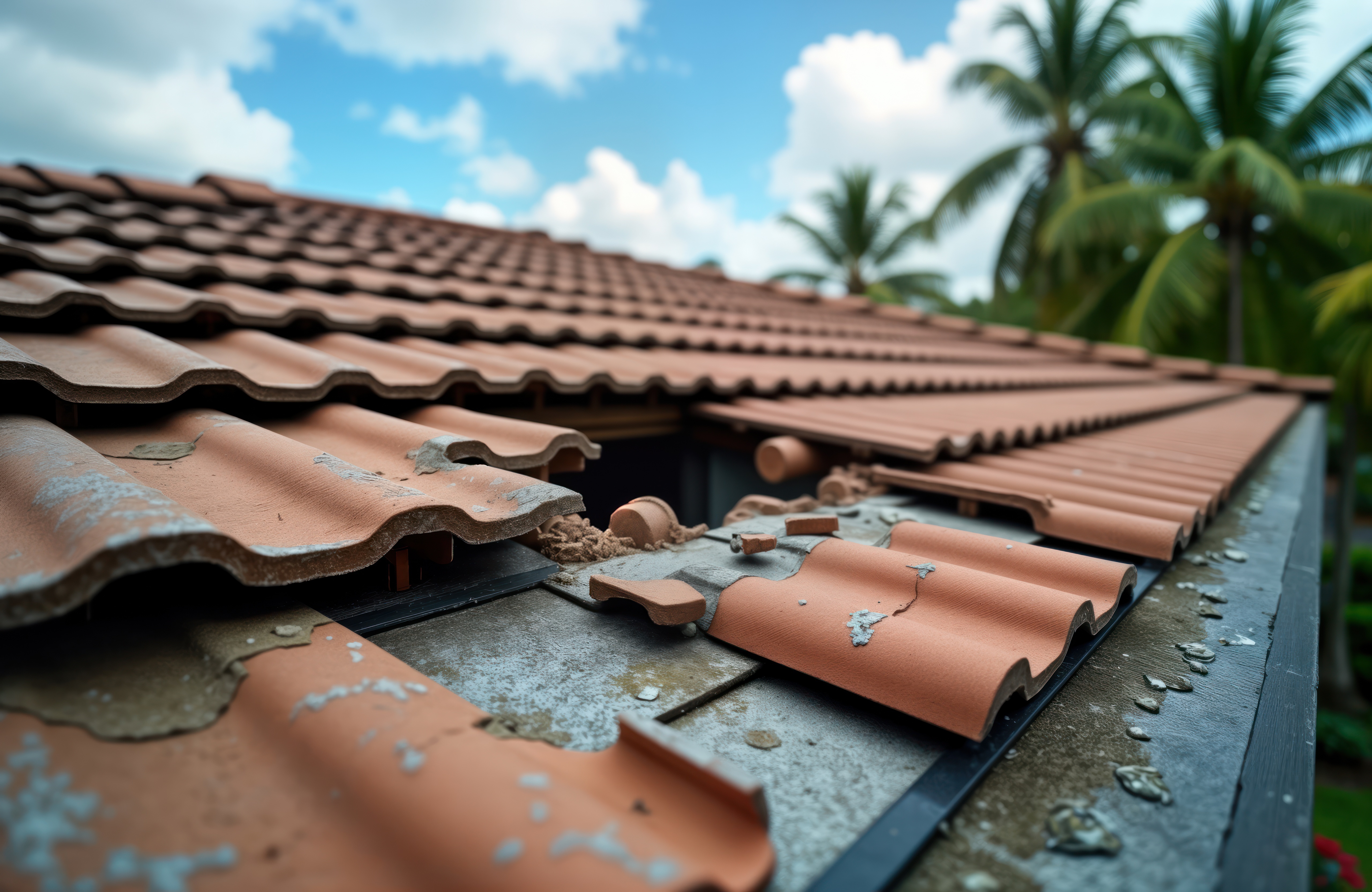 A damaged roof on the outside, showing a possible leak of the roof underneath in the attic.