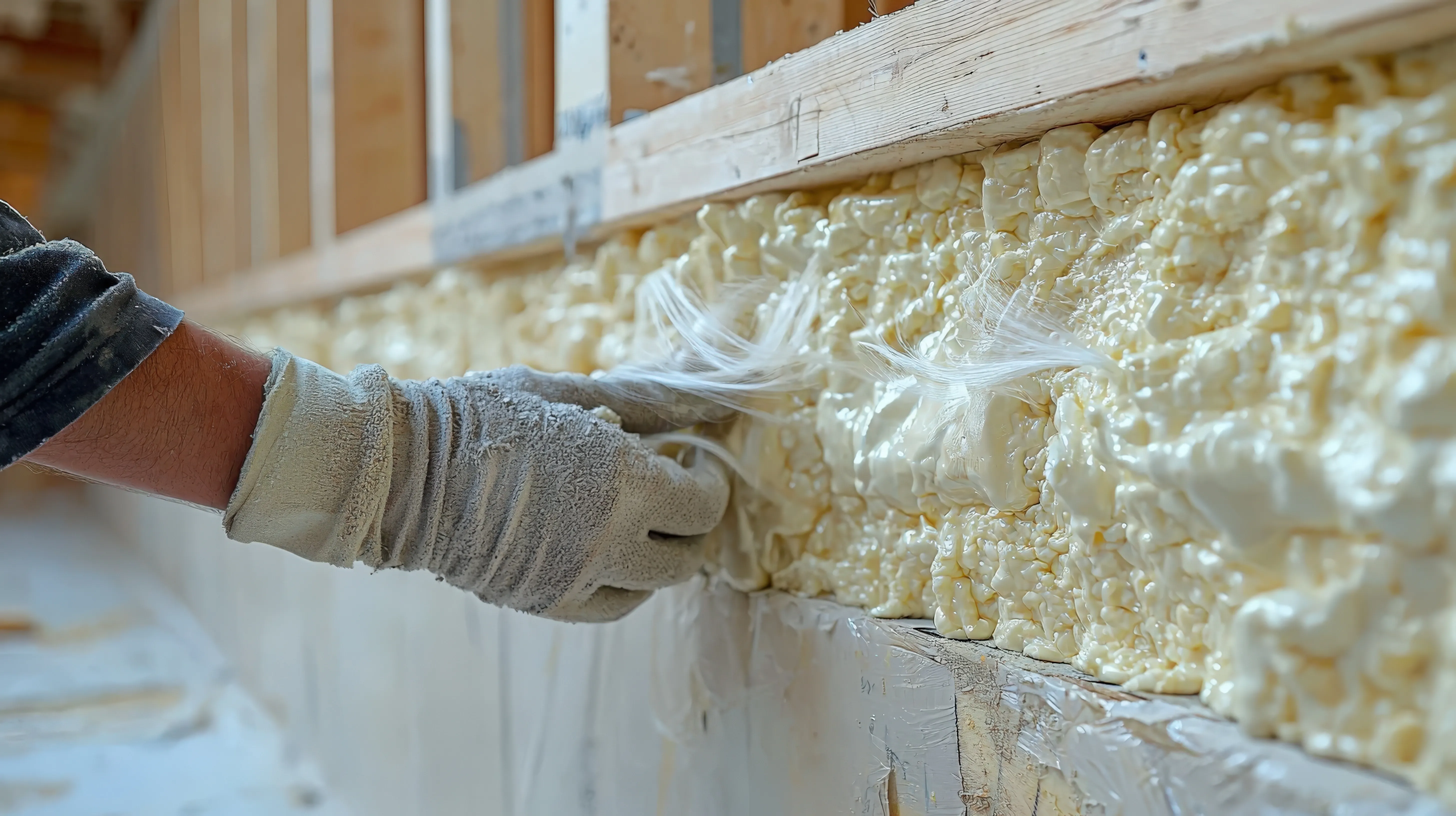An image of a man touching some exposed insulation within someones home.