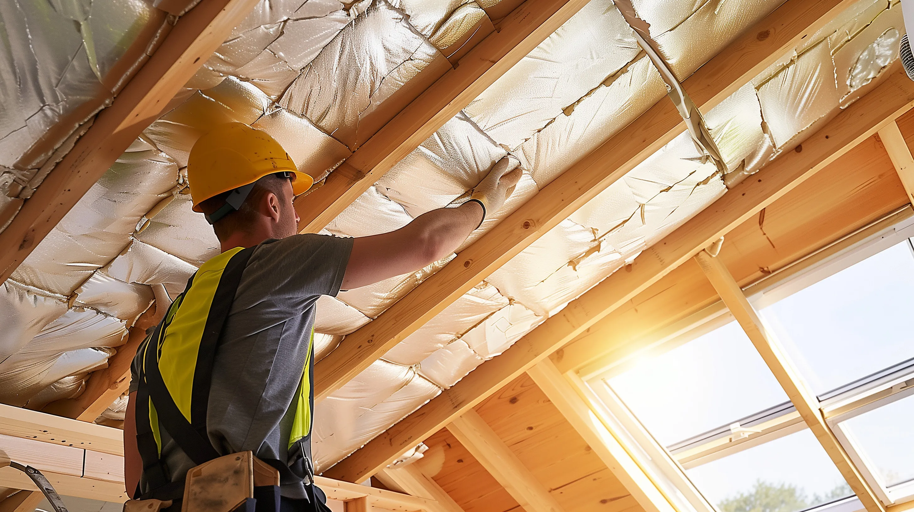 An image of a man installing insulation inside a shed.