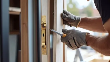 A man using a screwdriver to install a door, with gloved hands.