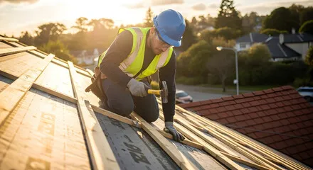 A man applying roof battens to the top of a roof.
