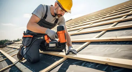 Roof battens being drilled into the roof of a building with a drill saw.