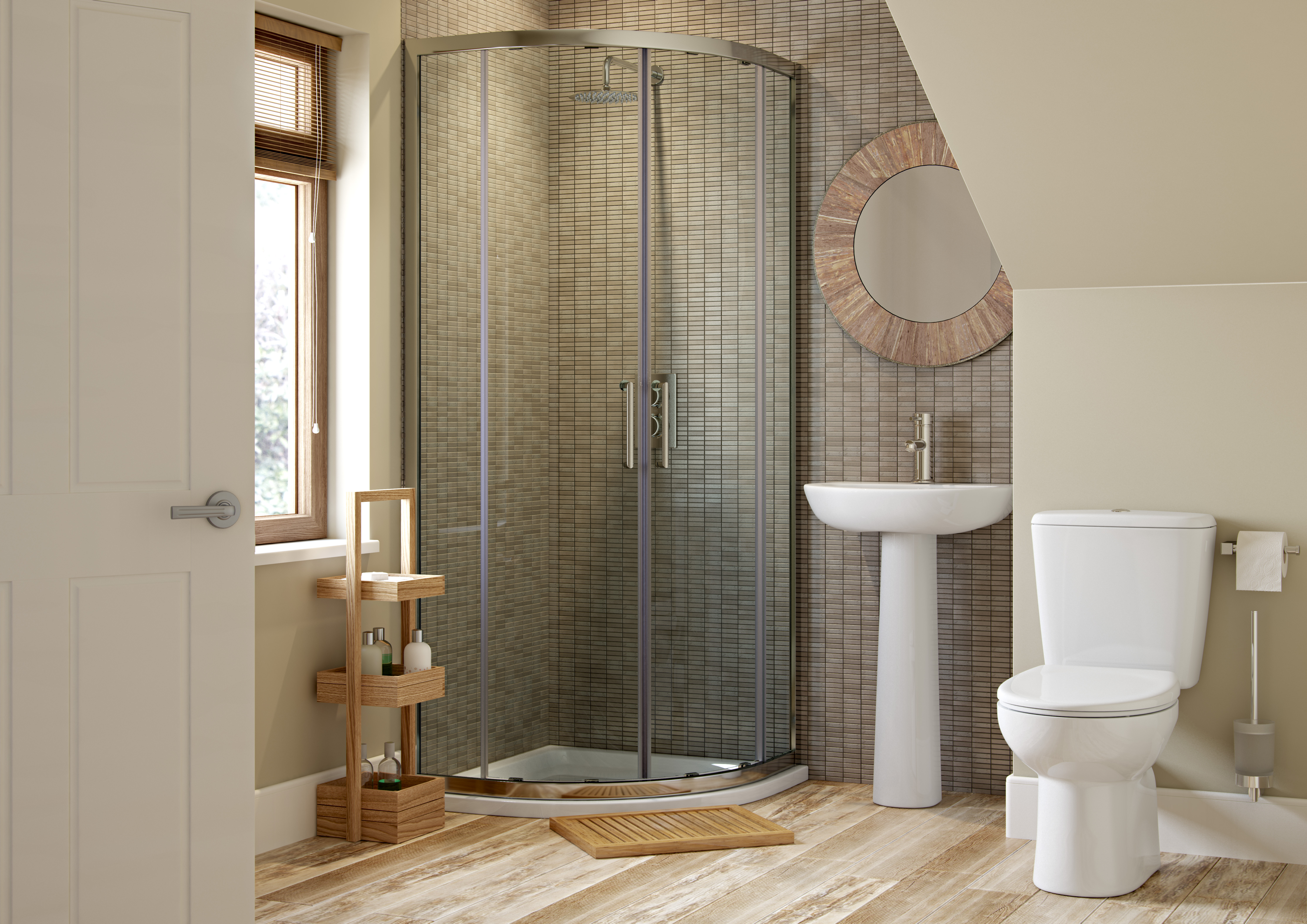 A white shower tray used in a bathroom with wooden flooring. 