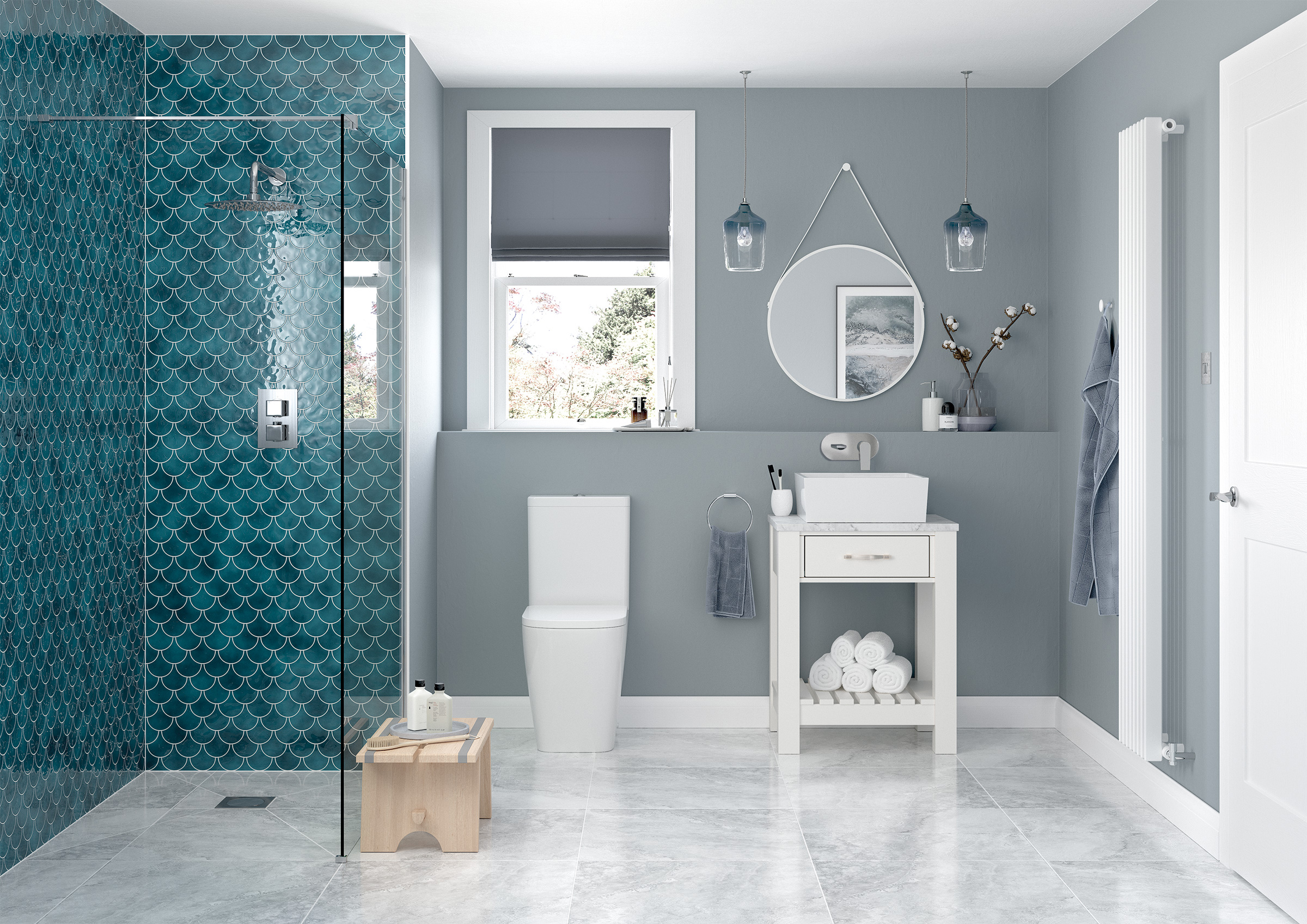 A shower tray used in a bathroom alongisde a black, matte shower head and a seat. 