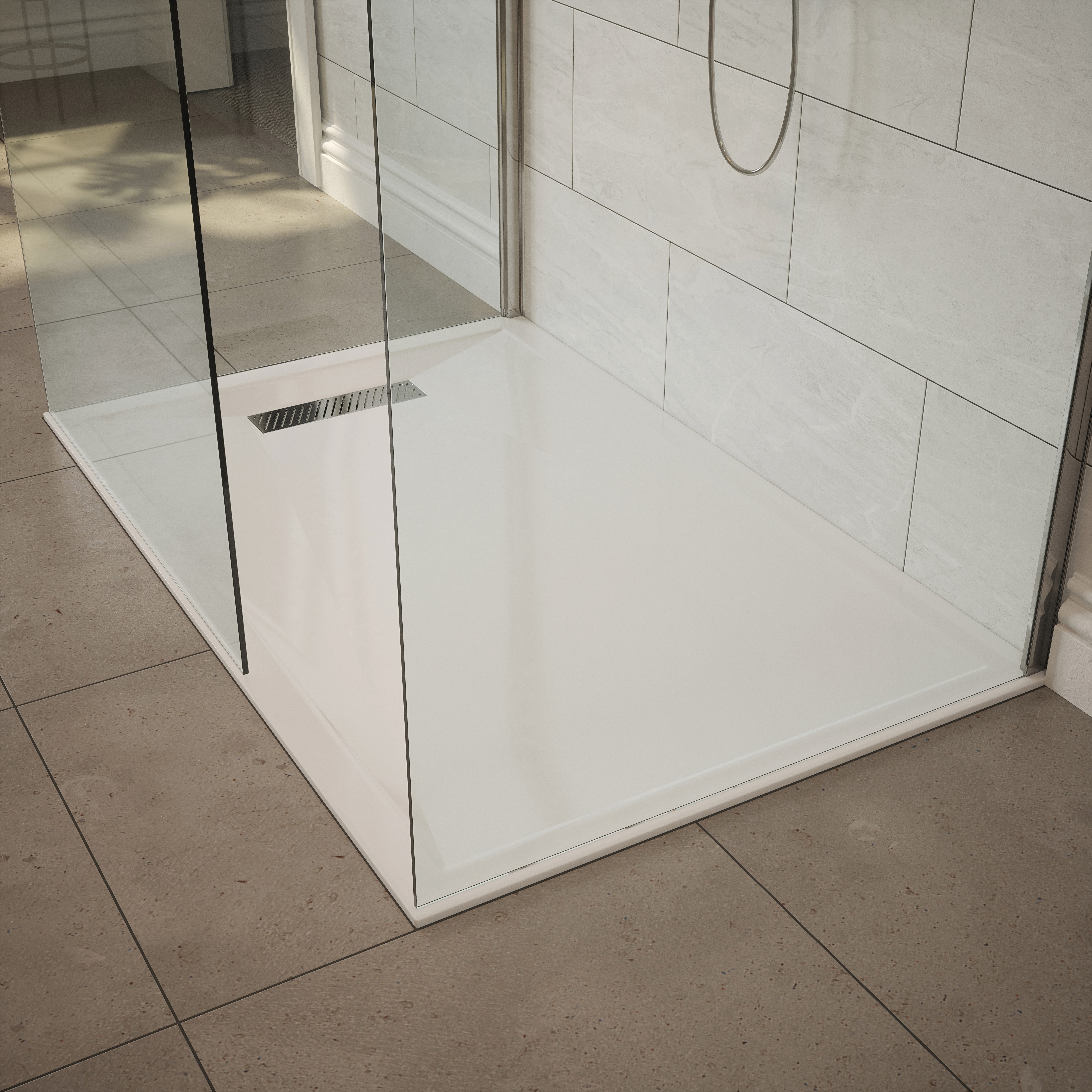 A black, trendy and modern shower in a modern bathroom with green wallpaper. 
