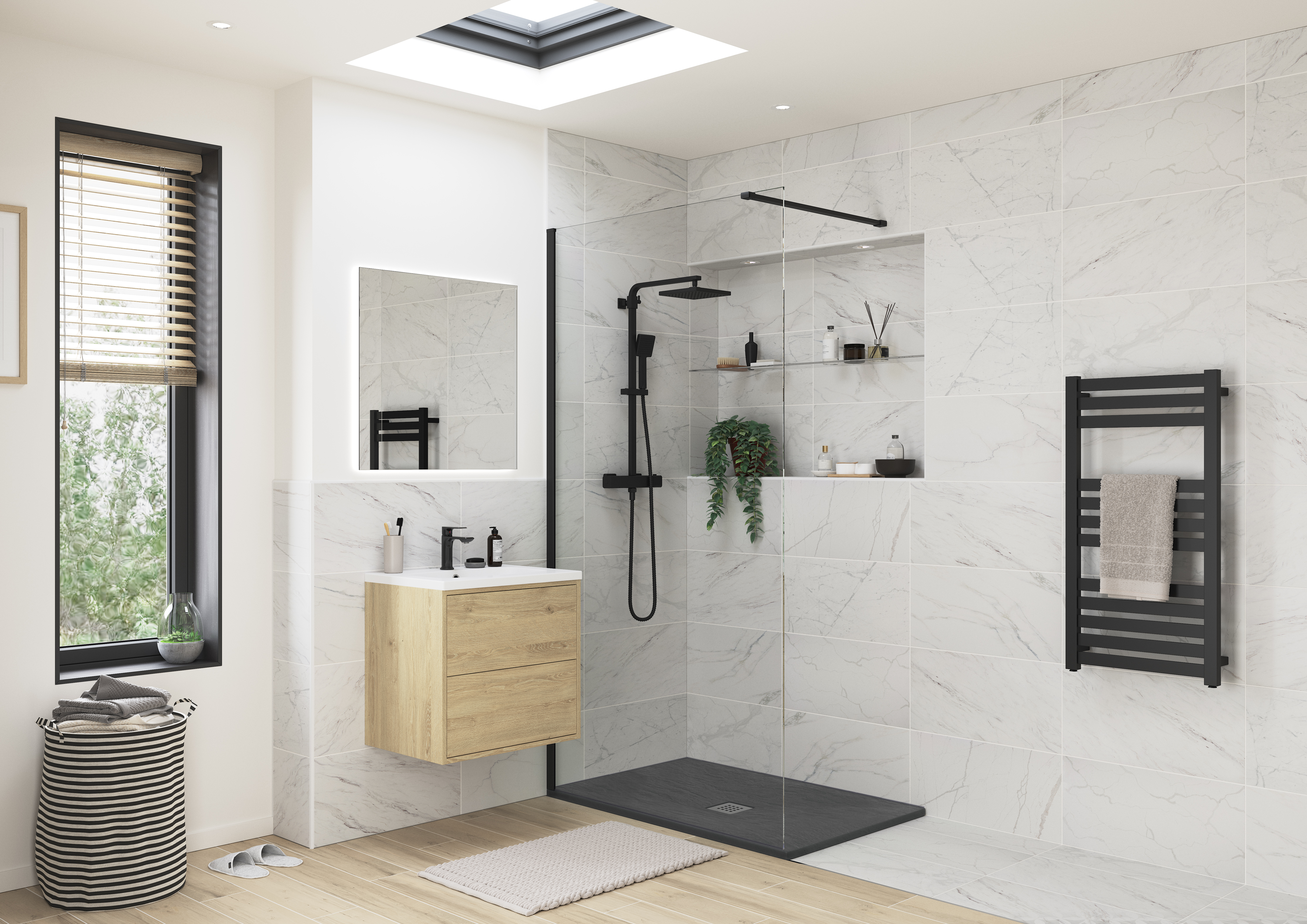 An anti-slip shower tray used in an outdoor shower with plants and shrubby surrounding it. 
