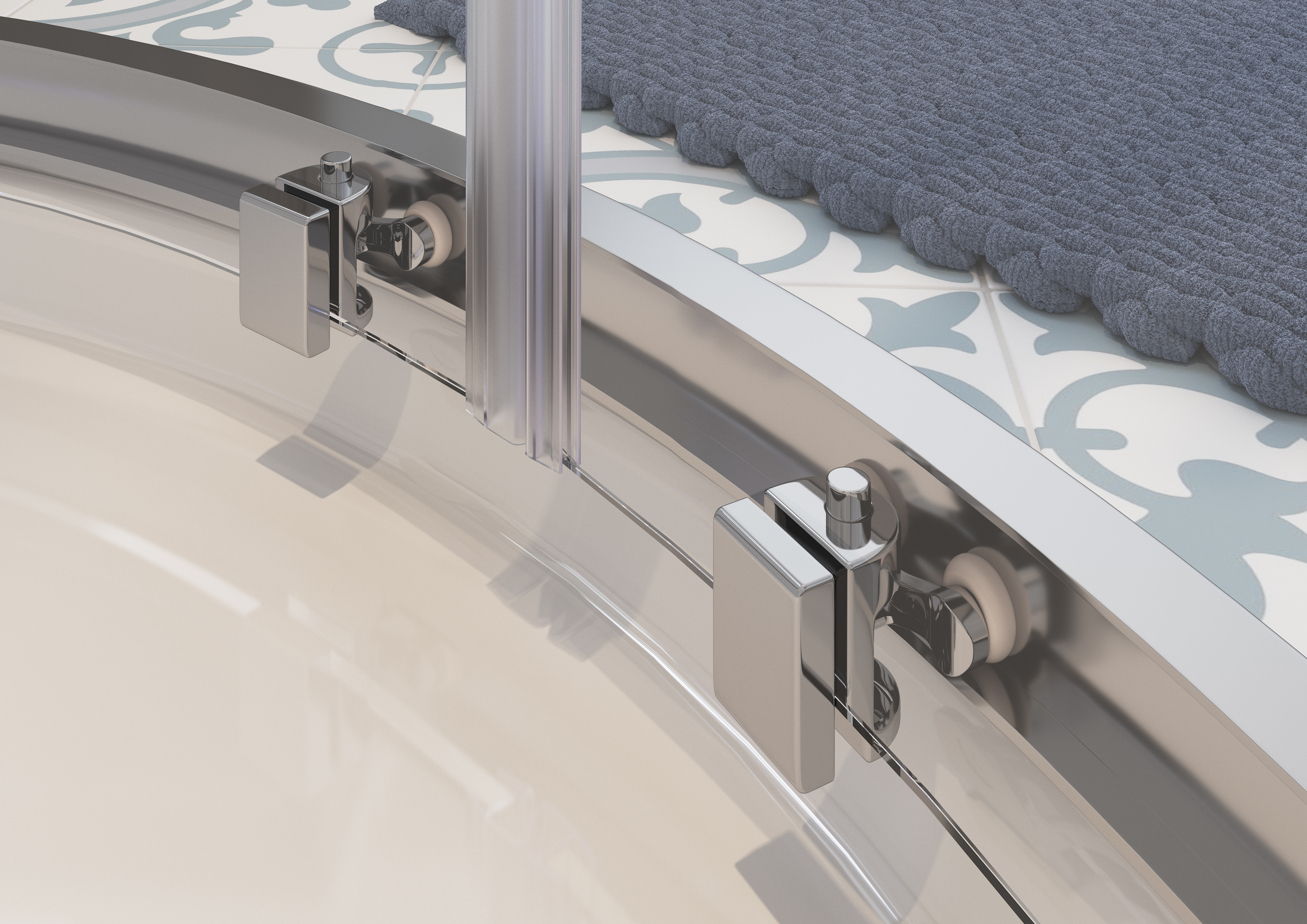 a closeup on a white shower tray quadrant.