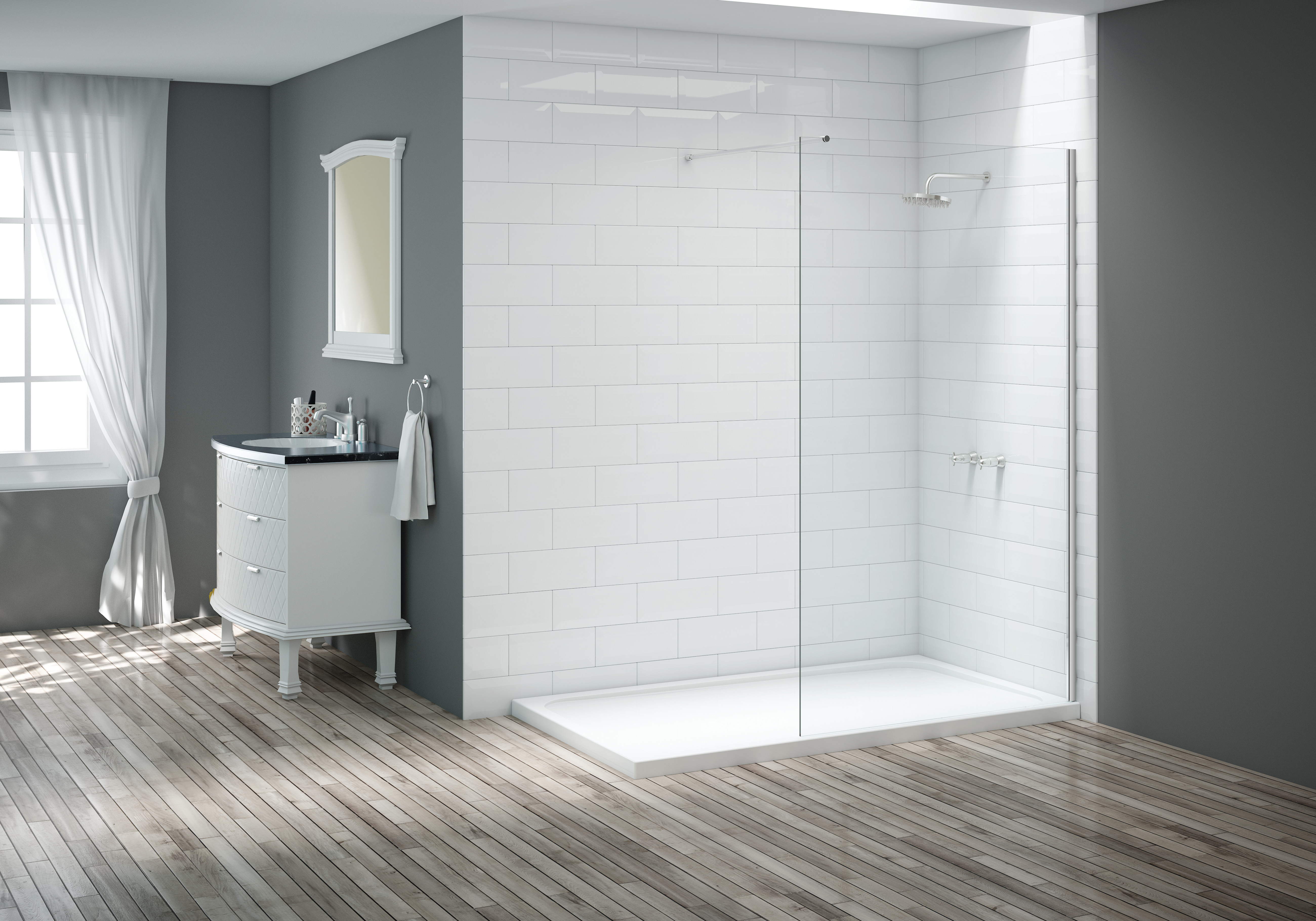 A modern shower in a modern bathroom, showcasing a circular shower tray. 