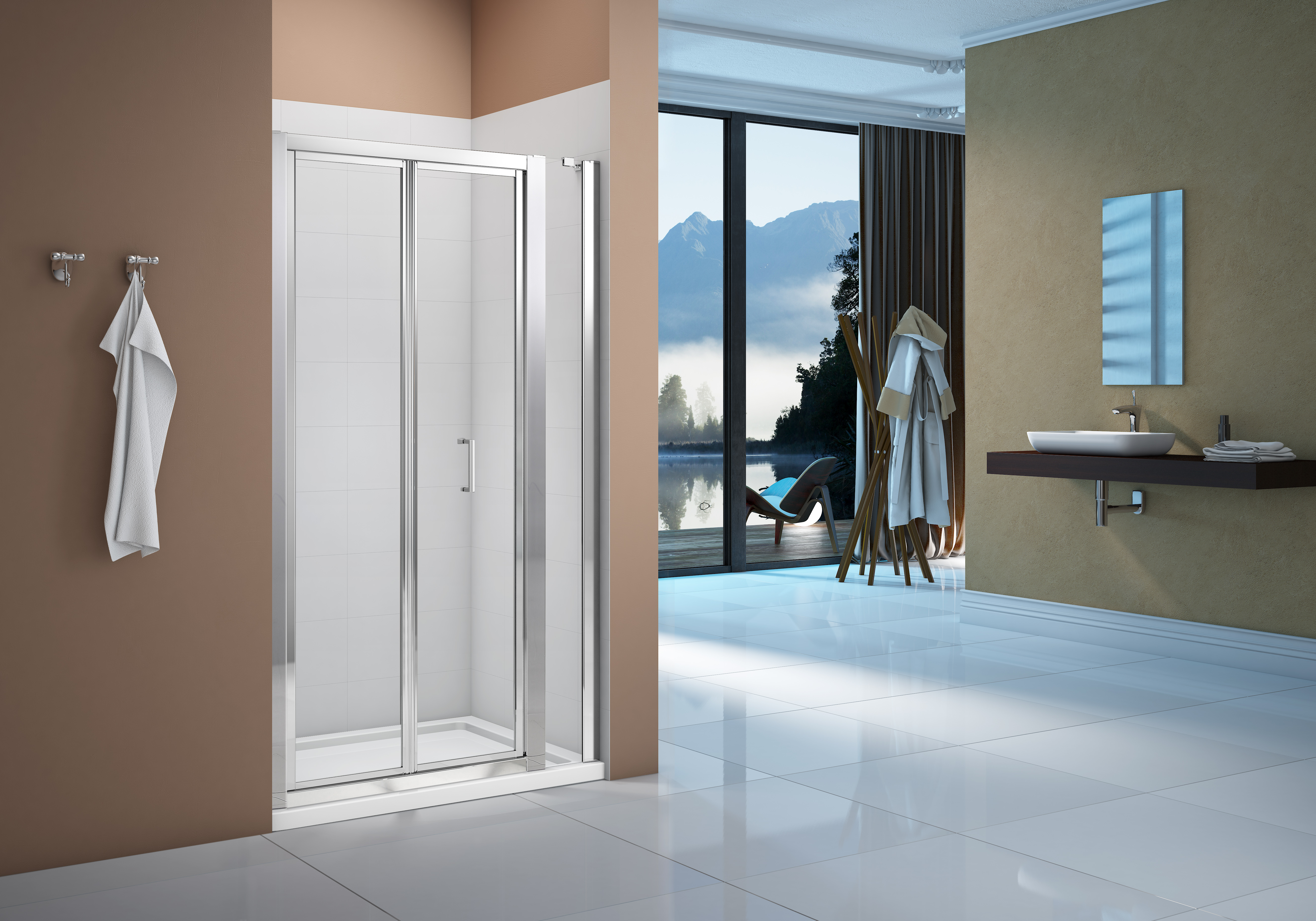 A shower tray used in a black and white bathroom along with a very large shower and mirror.