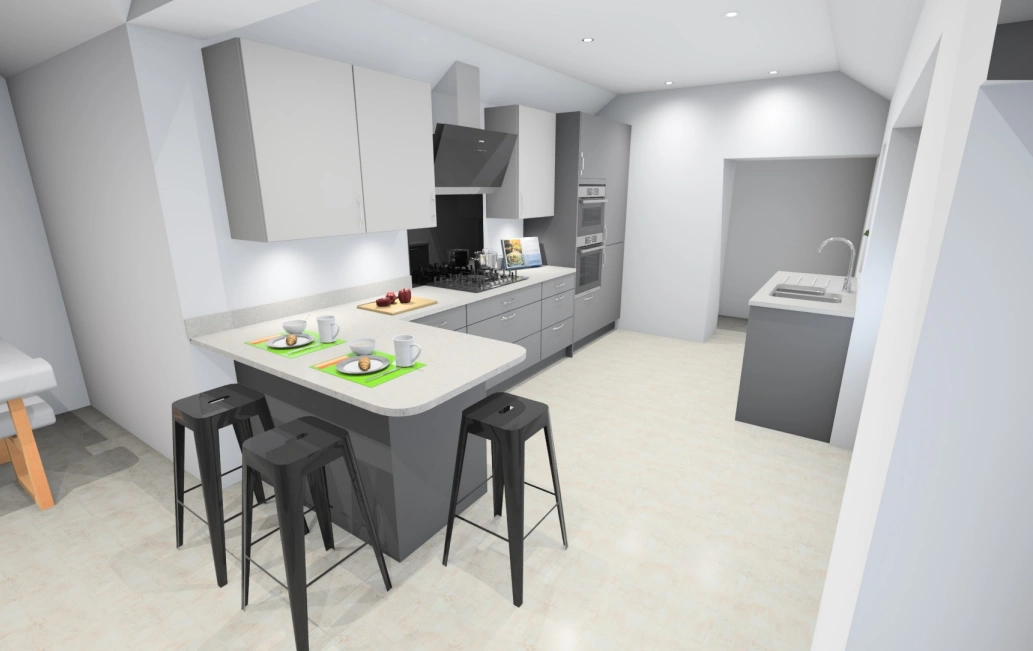 The Project Visual the designers had to incorporate a breakfast bar and modern white cupboards and worktops to the kitchen.