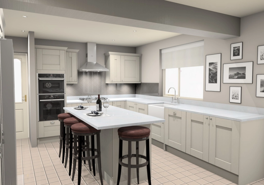 The project visual the kitchen designers created for the customer, designed with the large fridge and oven, and kitchen island. 