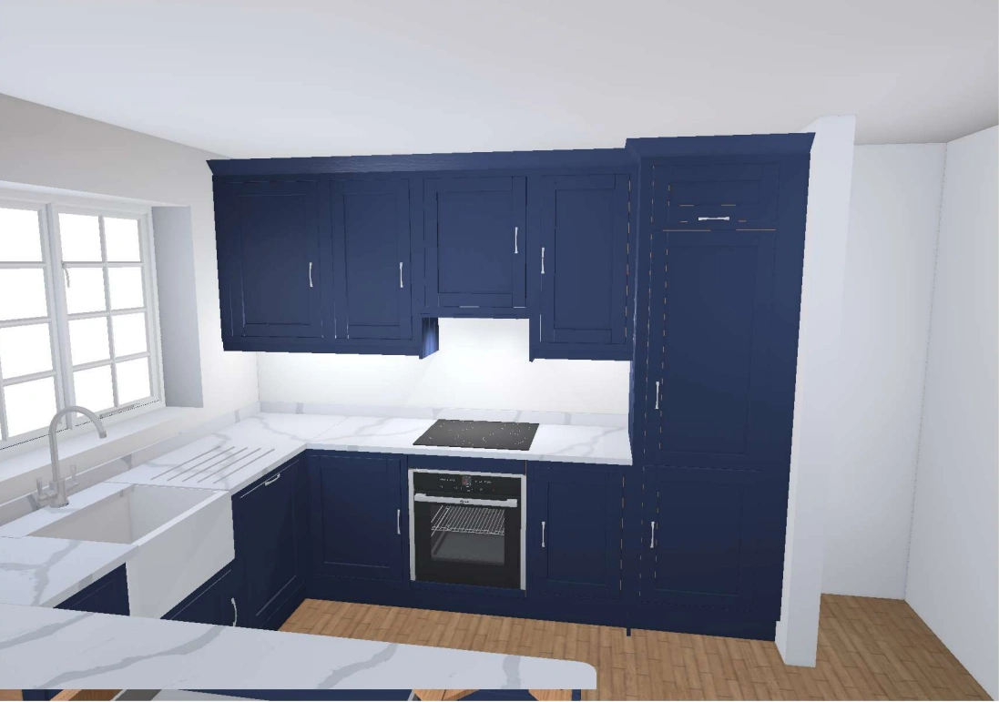 The visual plan of the kitchens in mind, with embedded cupboards and blue details. 