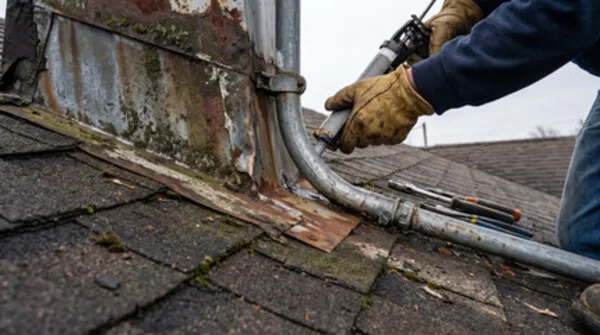 Roof flashing can deteriorate over time, with cracks forming. Roof flashing can deteriorate over time, with cracks forming.