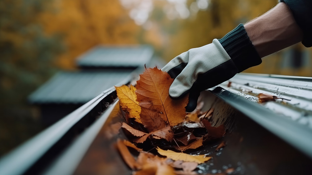 an image of some gutters filled with leaves. A person is removing them