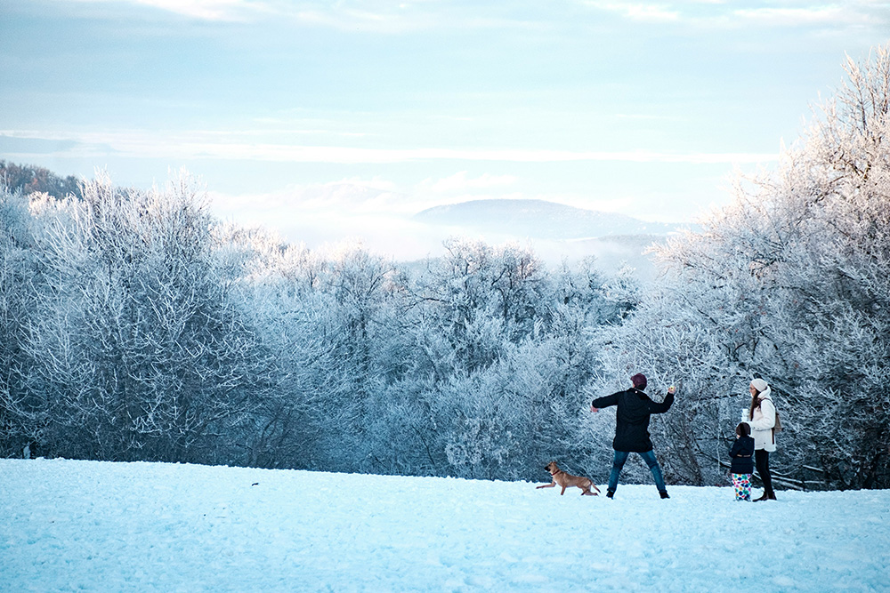 an image of a family outside playing in the snow. Man, woman and child