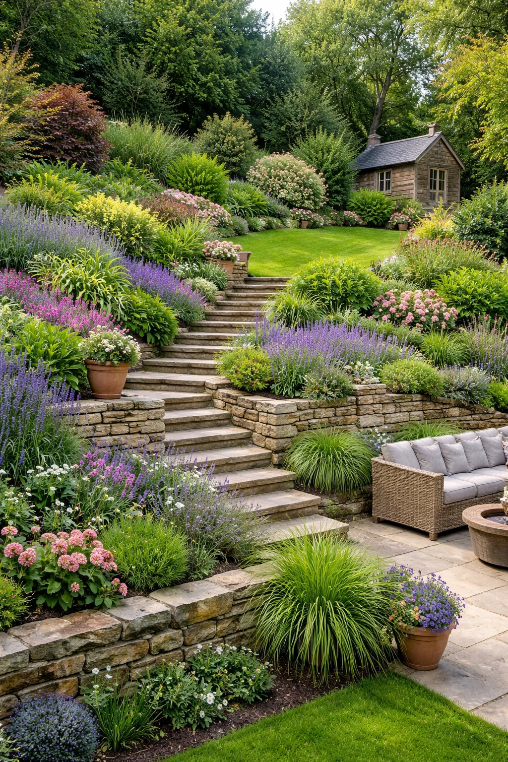 A sloped garden is a perfect opportunity to create an interesting garden design.