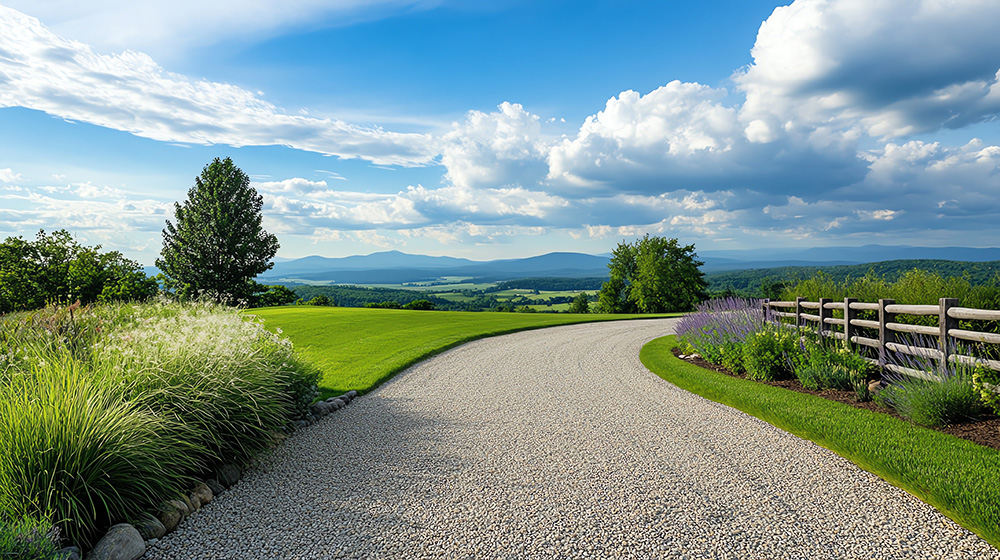 A pea gravel driveway with neatly defined edges, offering a smooth and visually appealing surface.