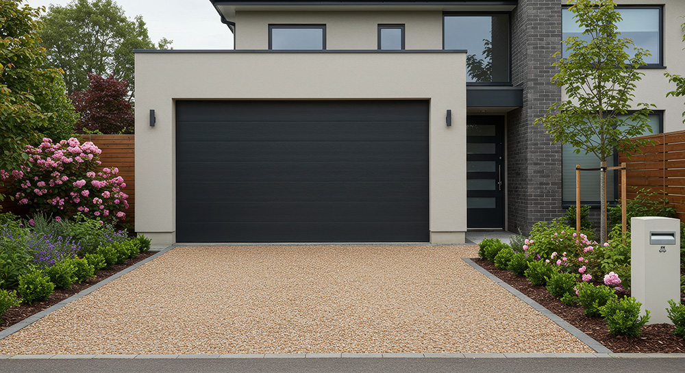 A crushed stone driveway featuring natural textures and earthy tones, adding rustic charm to the landscape.