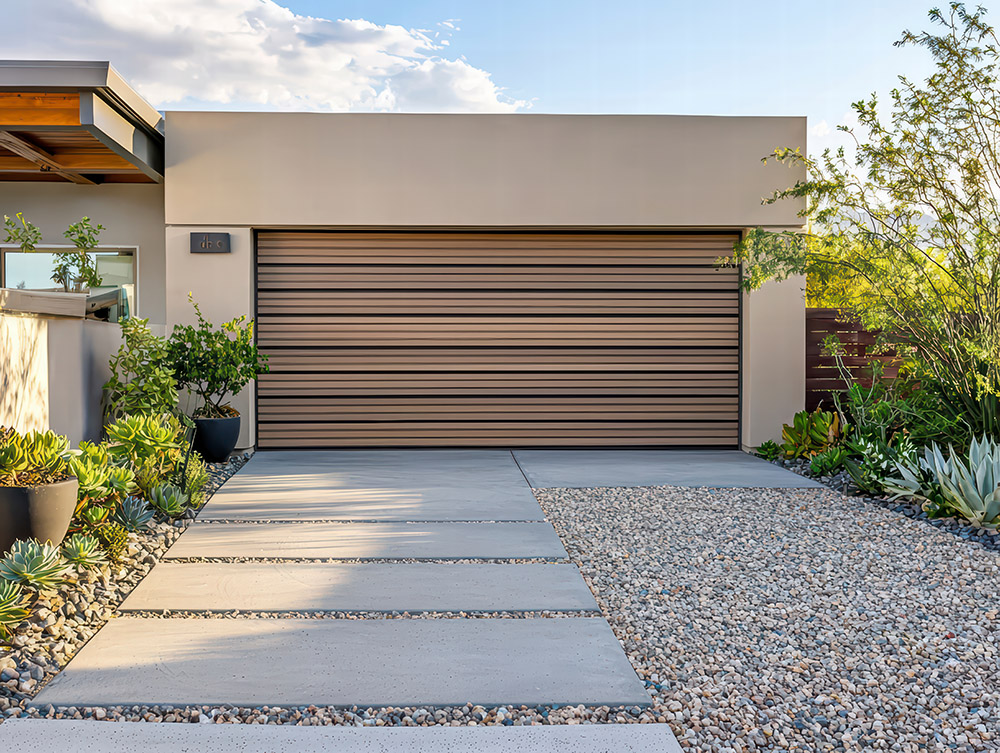 A driveway with pavers and edging, combining durability and elegance for a polished, structured appearance.