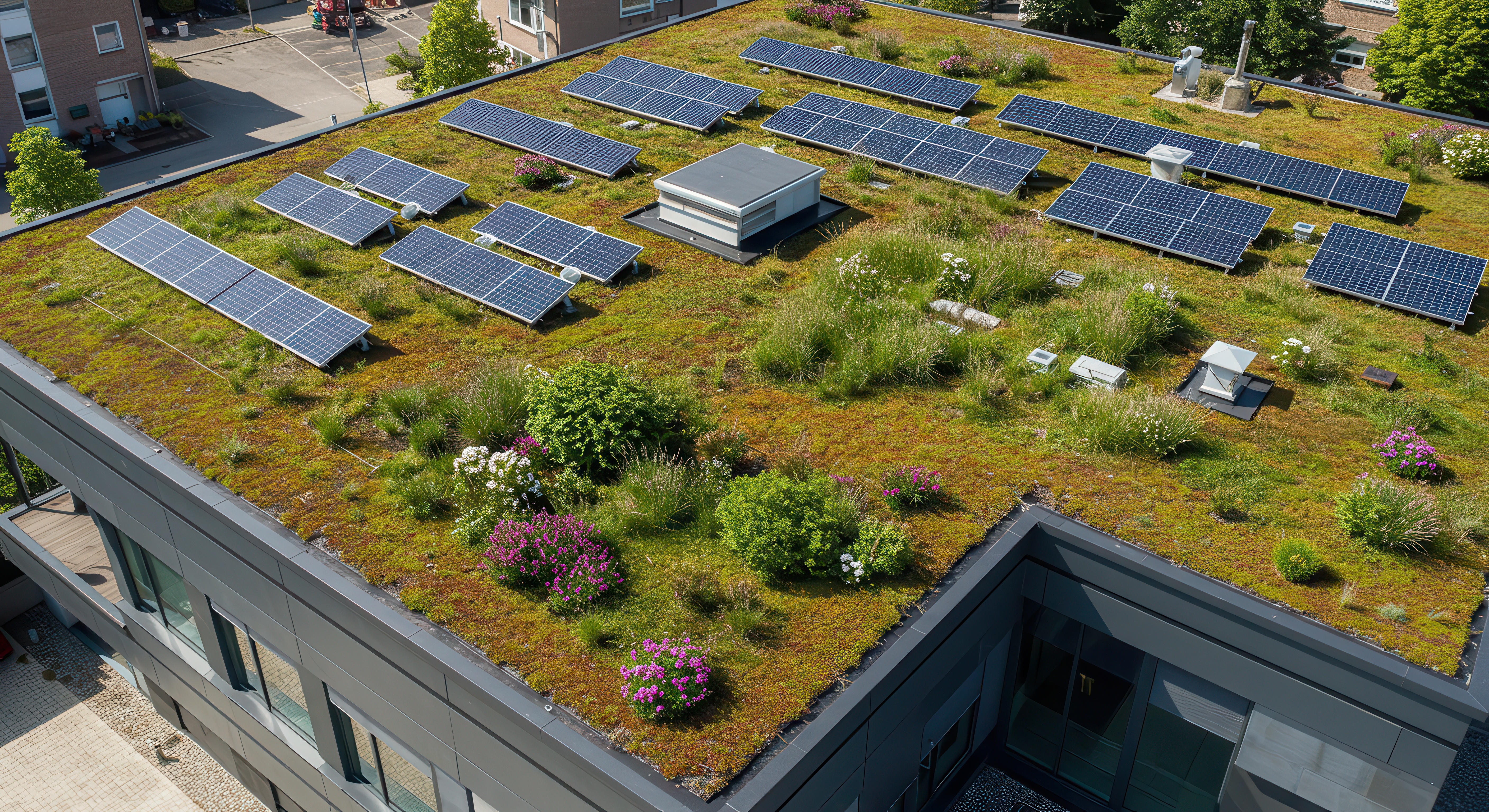 A green garden on top of someones roof outside. 