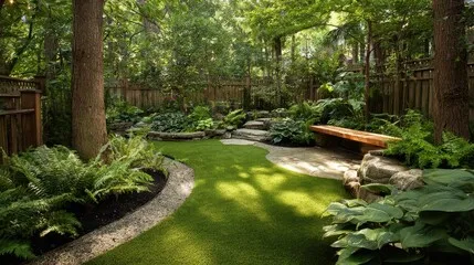 A low maintenace garden with a bench next to some grass, and some gravel.