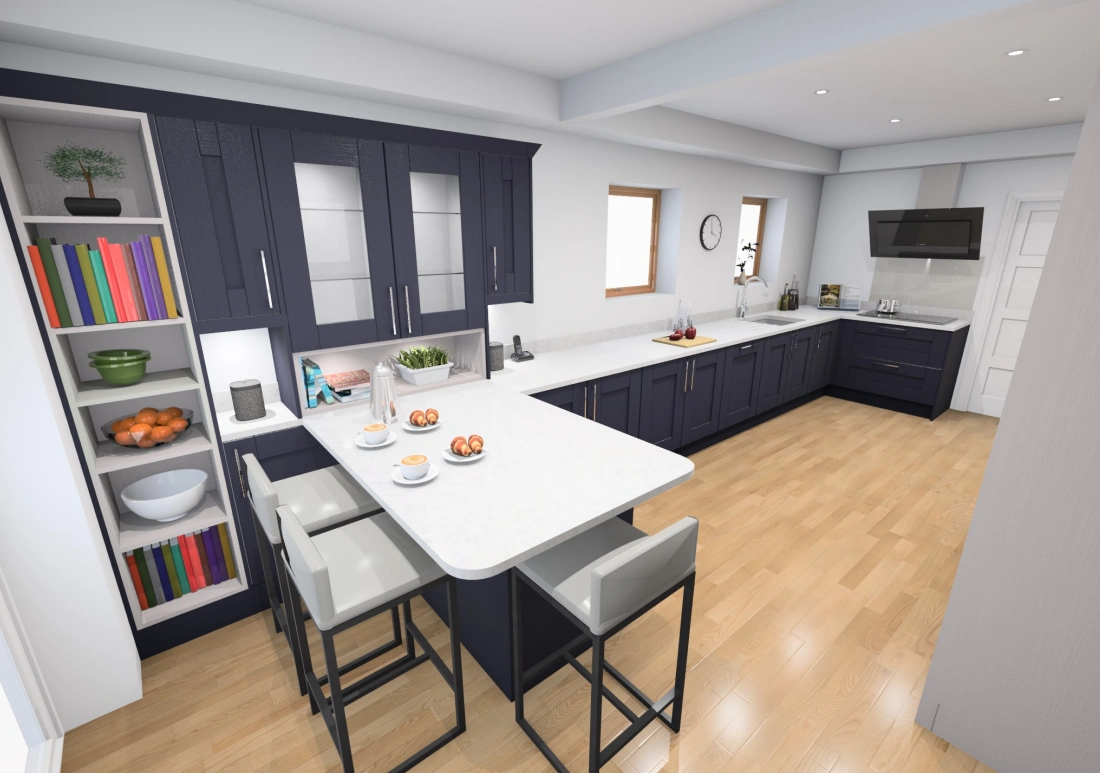 A vision plan of the idea the kitchen designers had for the customer, with built in breakfast bar and blue details. 