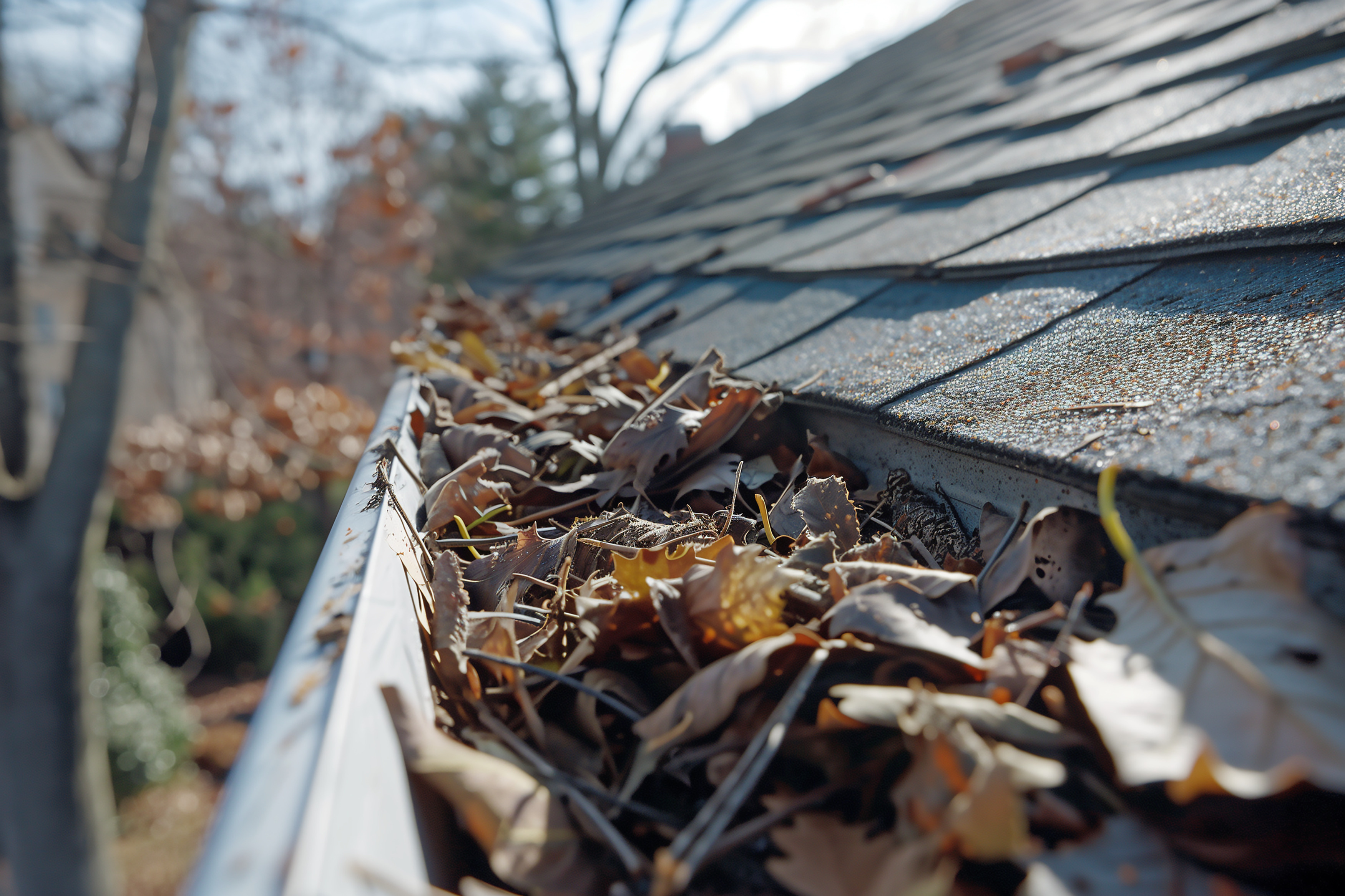 an image of house gutter filled with yellow leaves