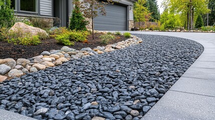 a black gravel driveway leading to a house