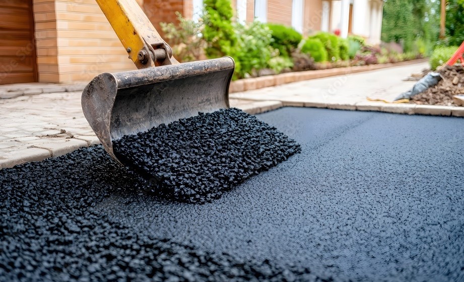 black gravel being laid on a driveway, with a shovel being used for easier distribution.