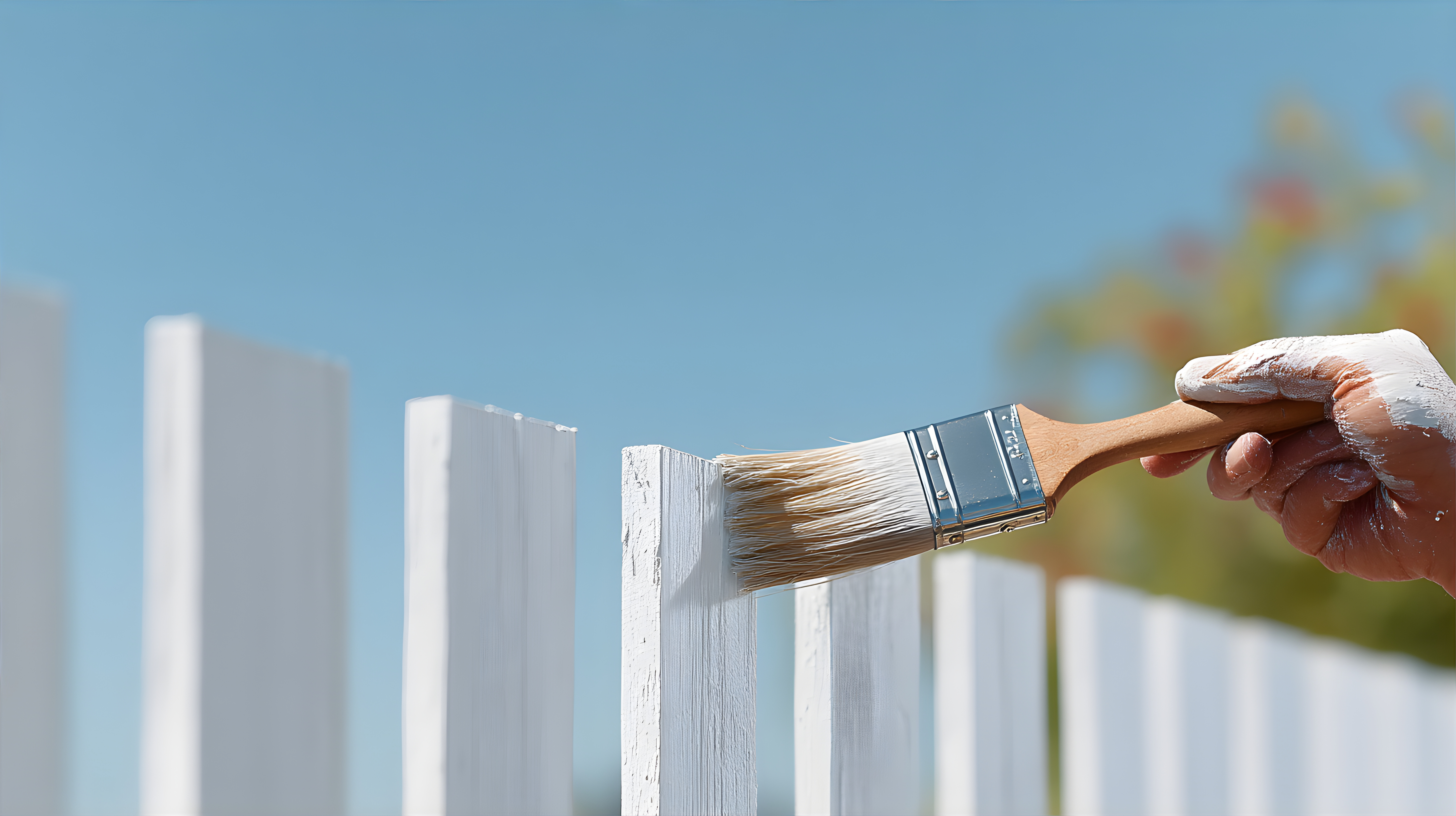 A woman cleaning her fence after she has painted it. 