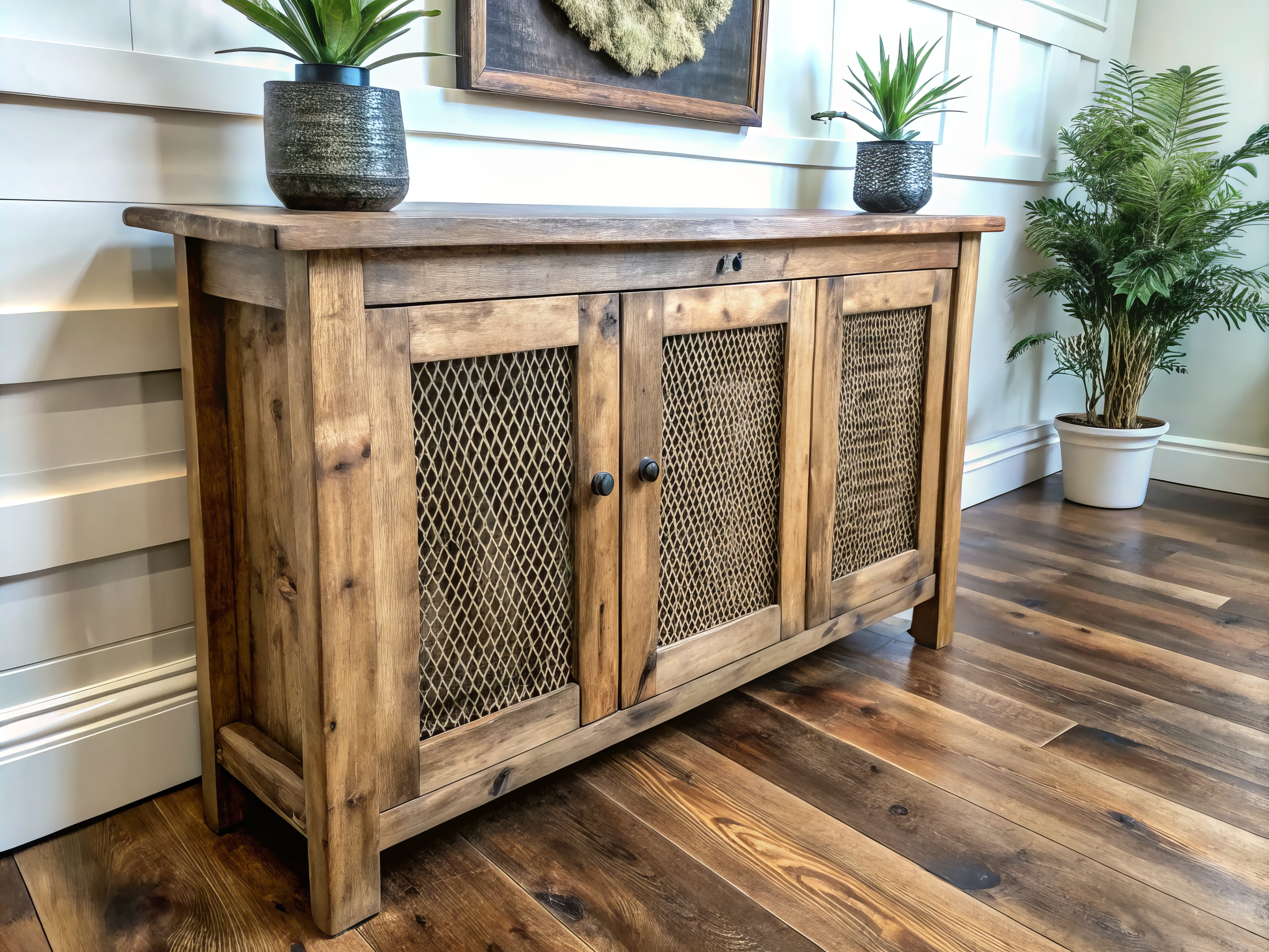 Rustric timber radiator cover installed in a stylish home interior