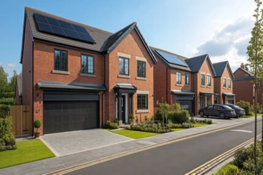 Brick house on a long road with other brick houses surrounding it.