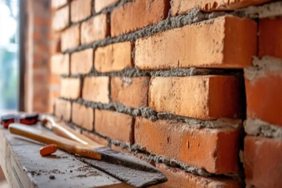 Brick and mortar being used to build a wall. It is important to match bricks to previous bricks.