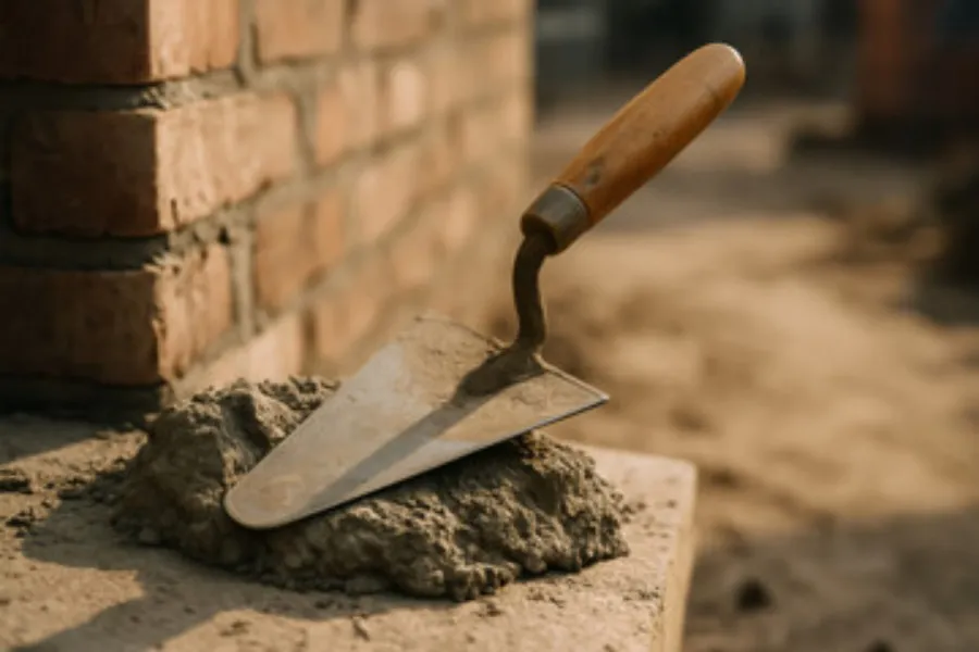 Mortar and a spade against a bricked wall being used to create a new wall.